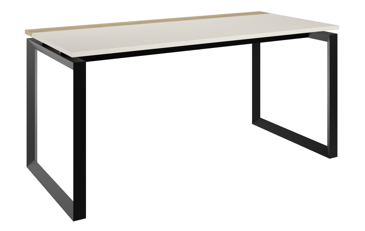 Moderner Schreibtisch mit schwarzem Metallgestell und heller Tischplatte, seitliche Perspektive