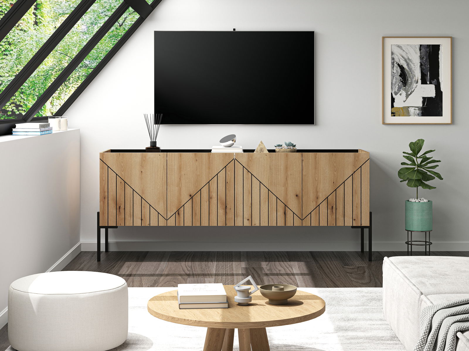 MID.YOU TV Lowboard Modernes TV-Lowboard aus Holz mit geometrischem Design, frontal fotografiert in einem stilvollen Wohnzimmer mit Pflanzen und Dekoration.