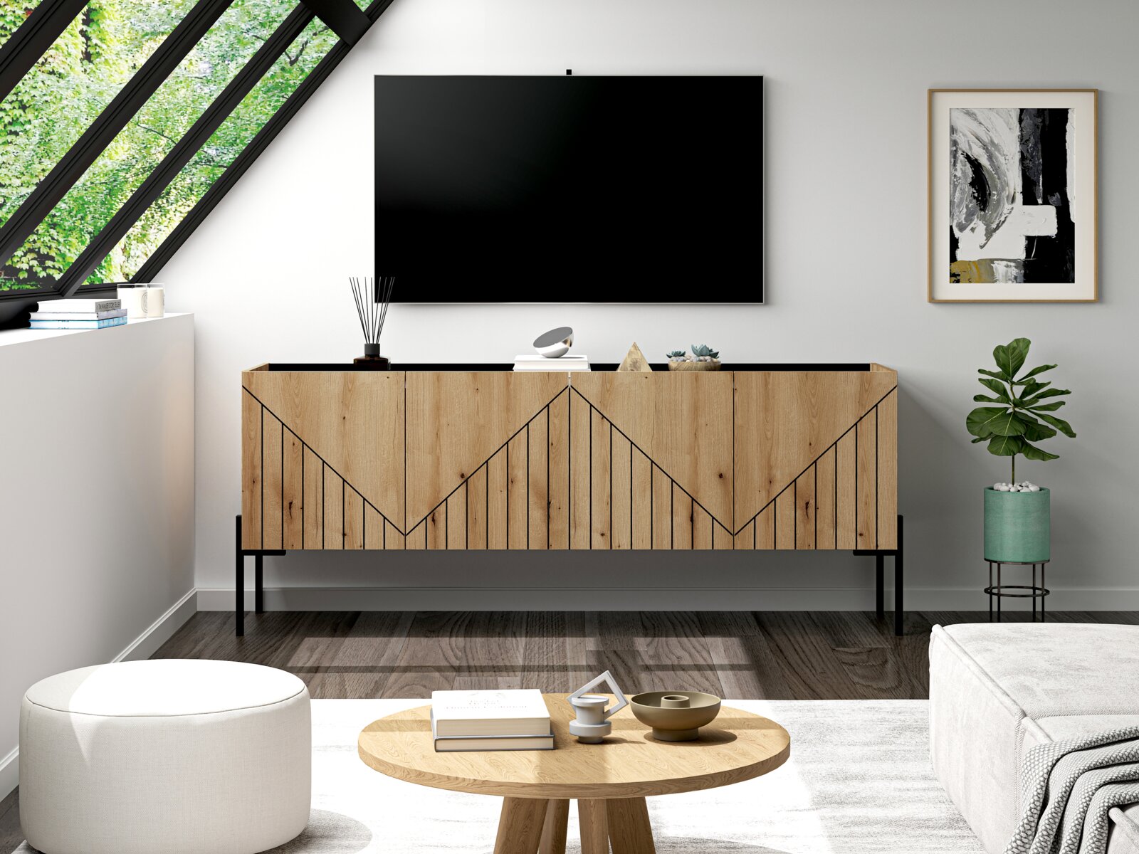 MID.YOU TV Lowboard NEO Modernes TV-Lowboard aus Holz mit geometrischem Design, frontal fotografiert in einem stilvollen Wohnzimmer mit Pflanzen und Dekoration.