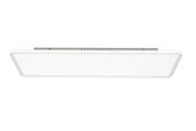 Rechthoekige witte led-plafondlamp met een vlakke, rondomlopende lichtrand, gezien van onderaf (onderkant) tegen een witte achtergrond