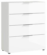 Weiße Schubkastenkommode mit vier Schubladen, seitliche Perspektive