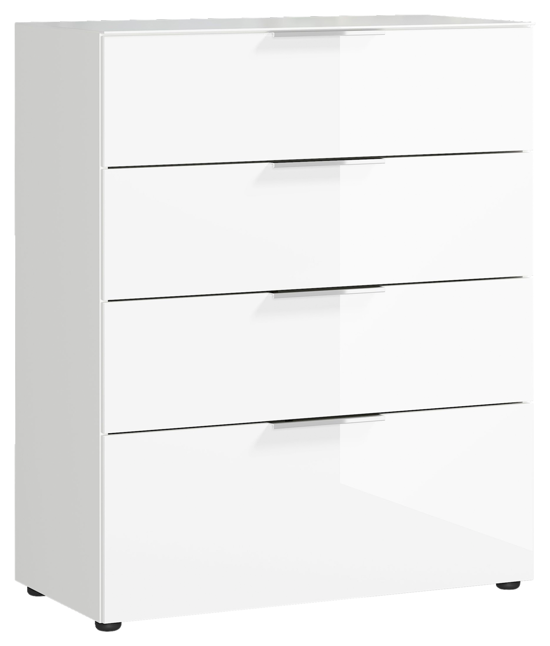 Weiße Schubkastenkommode mit vier Schubladen, seitliche Perspektive