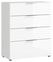 Weiße Schubkastenkommode mit vier Schubladen, seitliche Perspektive