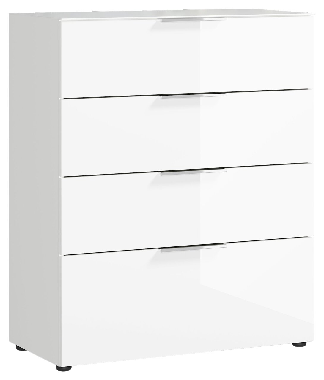 Weiße Schubkastenkommode mit vier Schubladen, seitliche Perspektive
