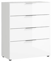 Weiße Schubkastenkommode mit vier Schubladen, seitliche Perspektive