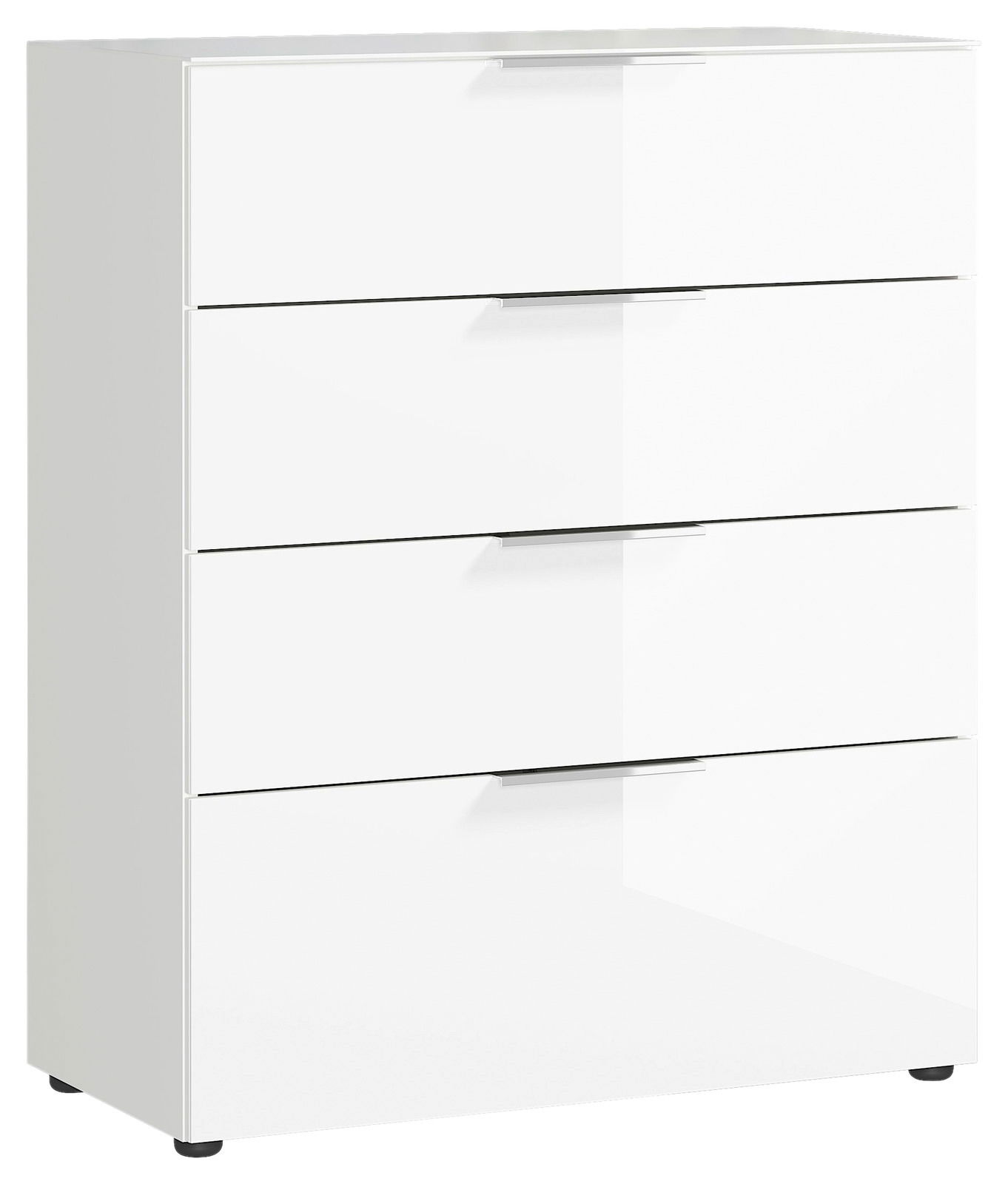 Weiße Schubkastenkommode mit vier Schubladen, seitliche Perspektive