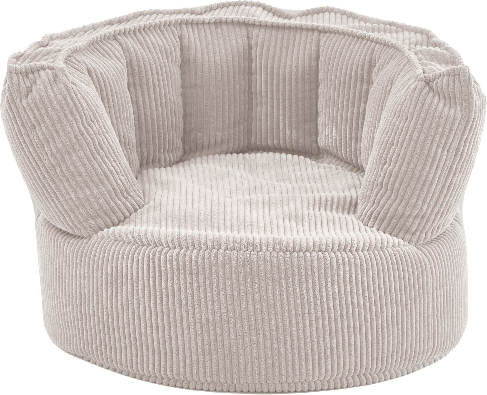 Kleiner, runder Sitzsack aus beigem, geripptem Stoff, Vorderansicht