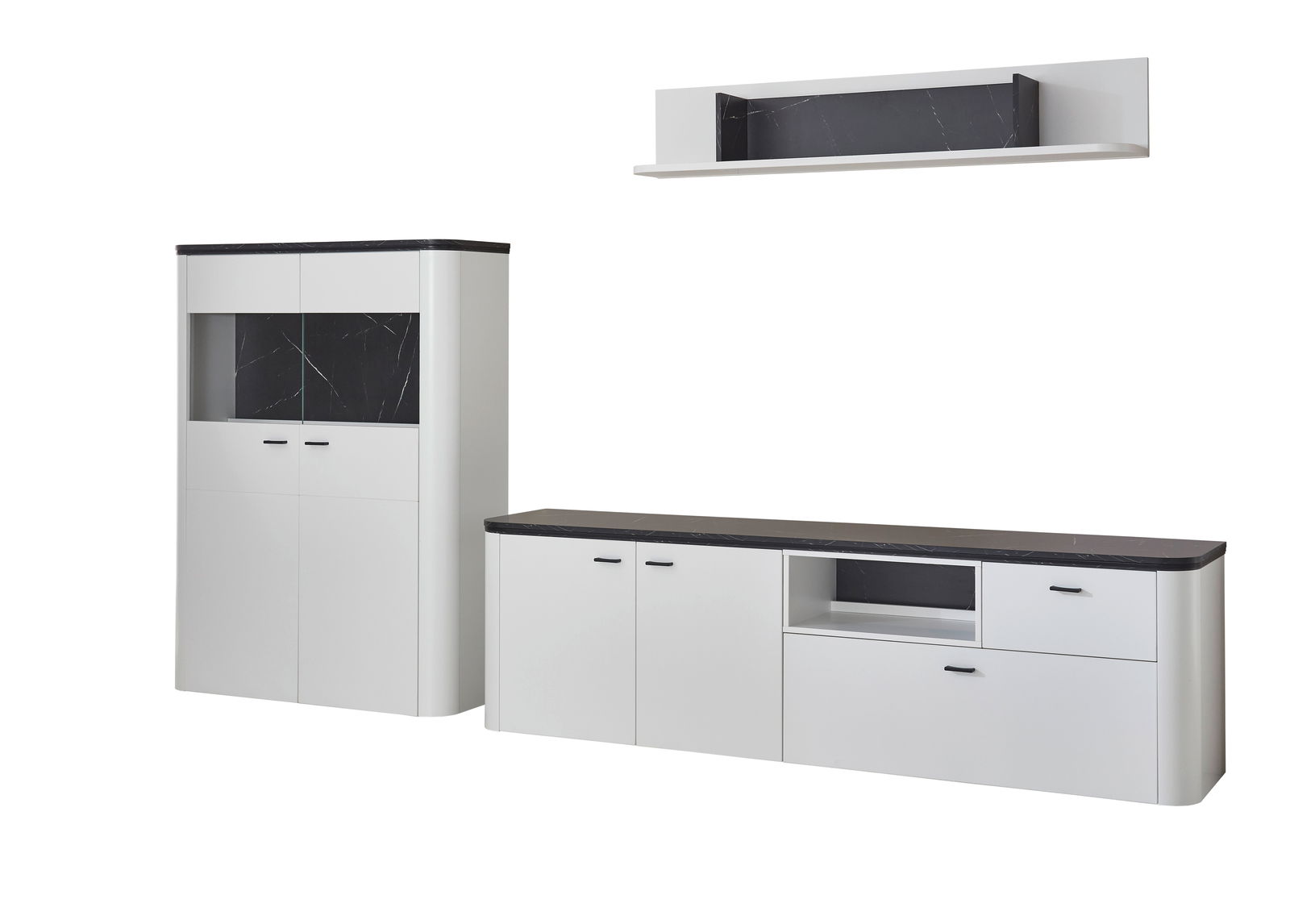 Zurbrüggen Wandcombinatie WAVE Moderne Wandkombination in Weiß mit schwarzer Marmoroptik, bestehend aus einem hohen Schrank, einem langen Sideboard und einem Wandregal. Perspektive: Frontalansicht.
