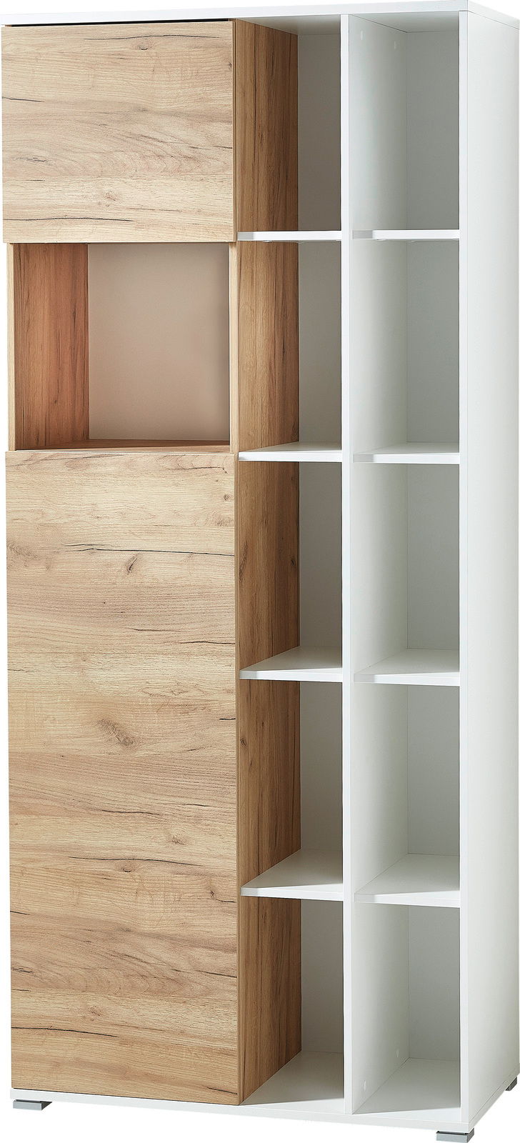 Moderner Aktenschrank mit Holz- und Weißoptik, offene und geschlossene Fächer, Frontalansicht