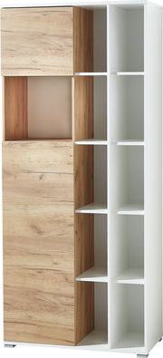 Moderner Aktenschrank mit Holz- und Weißoptik, offene und geschlossene Fächer, Frontalansicht