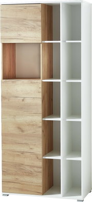 Moderner Aktenschrank mit Holz- und Weißoptik, offene und geschlossene Fächer, Frontalansicht