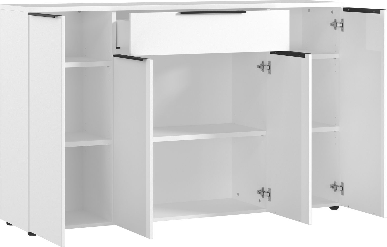 Weißes Sideboard mit offenen Türen und Schublade, Frontalansicht