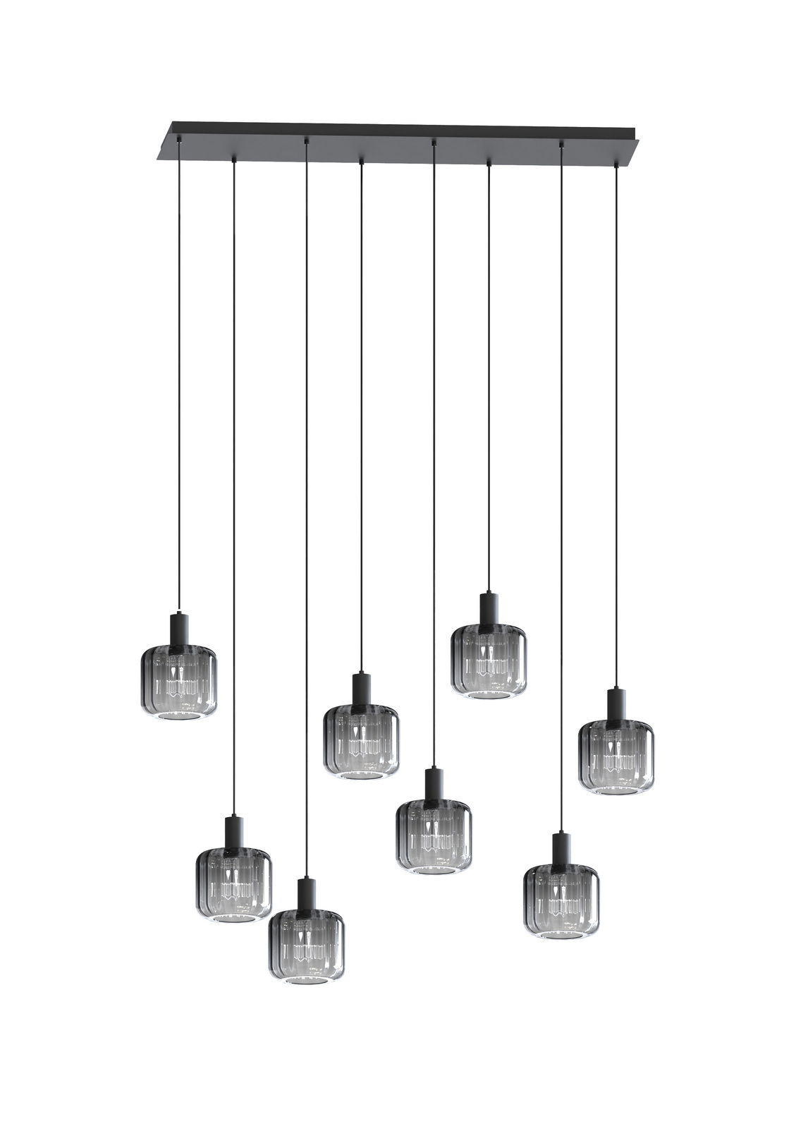 Moderne Hängeleuchte mit acht Glaslampenschirmen, Ansicht von vorne