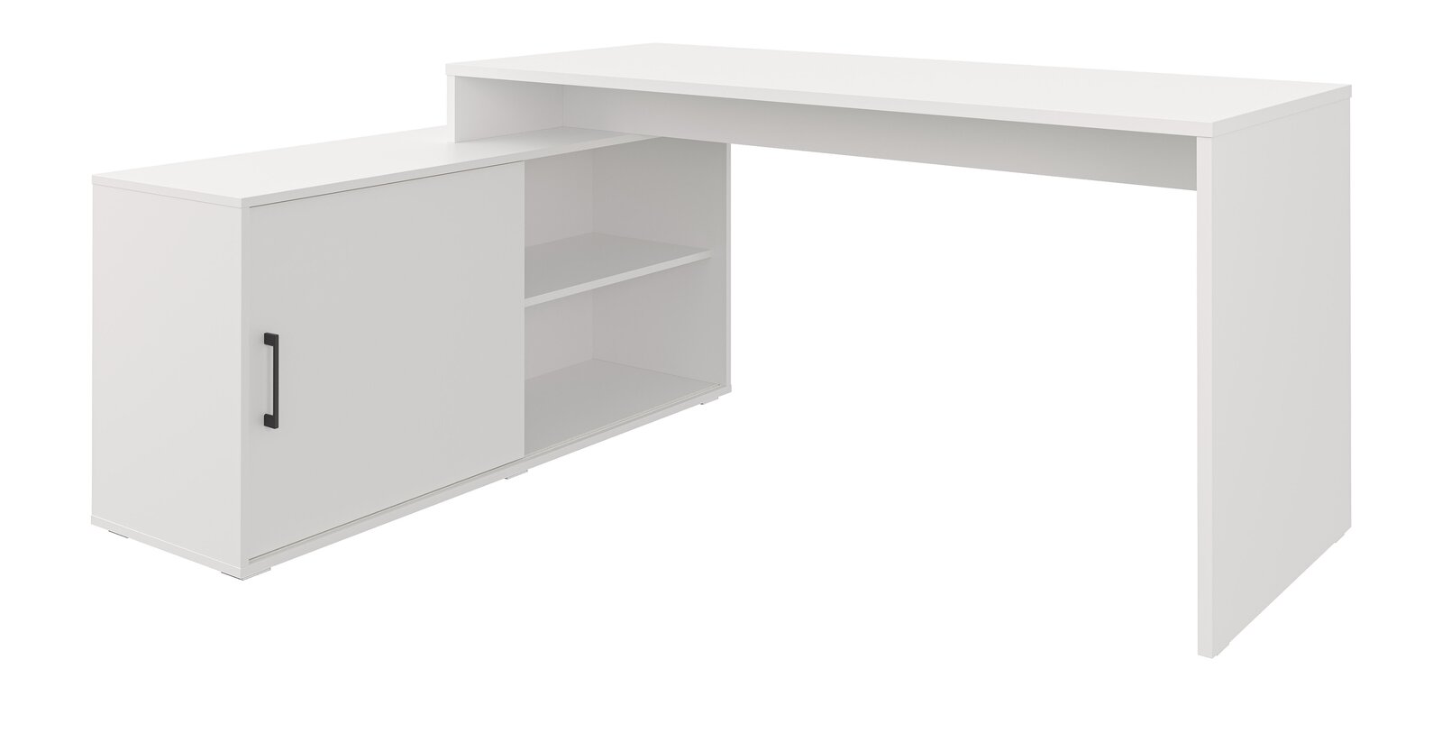 Weißer Schreibtisch mit seitlichem Stauraum, Schiebetür mit schwarzem Griff und offenen Regalfächern, in leichter Front-Links-Perspektive freigestellt.