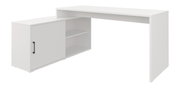 Wit bureau met opbergruimte aan de zijkant, schuifdeur met zwarte handgreep en open planken, weergegeven in een licht perspectief van links naar voren.