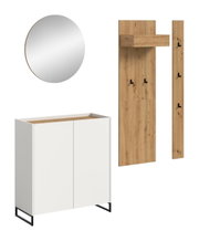 Frontansicht eines modernen Flurmöbel-Sets: runder Wandspiegel, weißer Schuhschrank mit schwarzem Metallgestell und Holzablage sowie Holz-Garderobenpaneel mit Haken und Ablage auf weißem Hintergrund