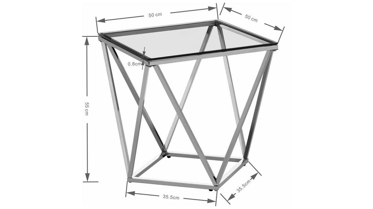 Moderner Beistelltisch mit Glasplatte und geometrischem Metallgestell, seitliche Perspektive