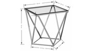 Moderner Beistelltisch mit Glasplatte und geometrischem Metallgestell, seitliche Perspektive