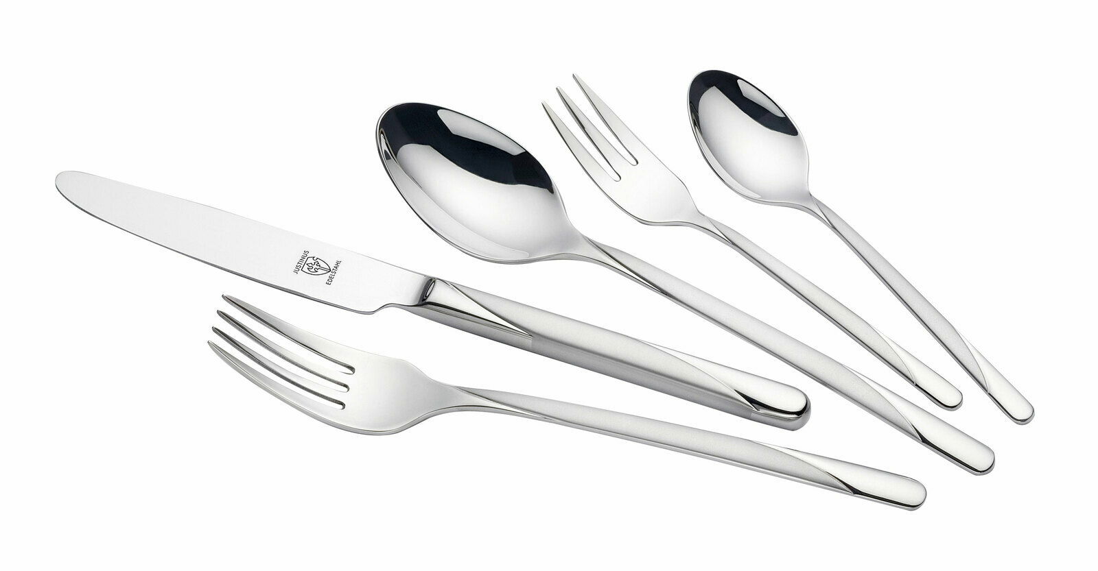 Elegantes Besteckset Flair 60-tlg. aus Edelstahl, bestehend aus Messer, Gabel, Löffel und Dessertgabel, in seitlicher Perspektive.