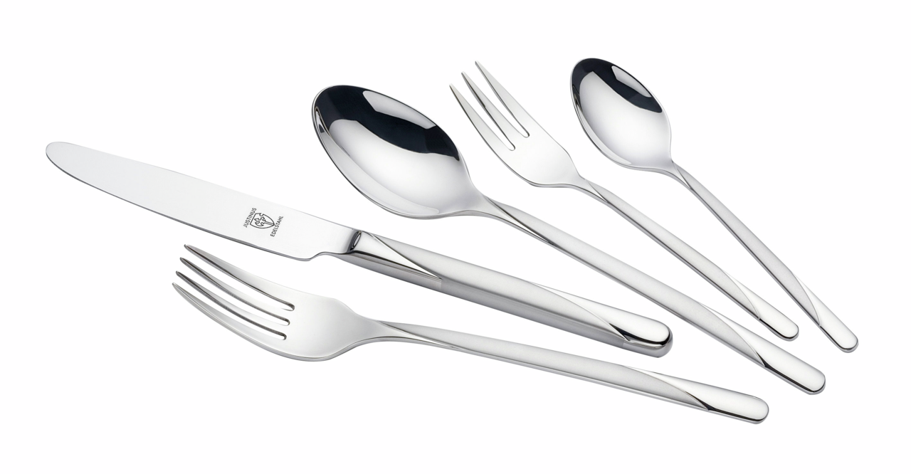 Elegantes Besteckset Flair 60-tlg. aus Edelstahl, bestehend aus Messer, Gabel, Löffel und Dessertgabel, in seitlicher Perspektive.
