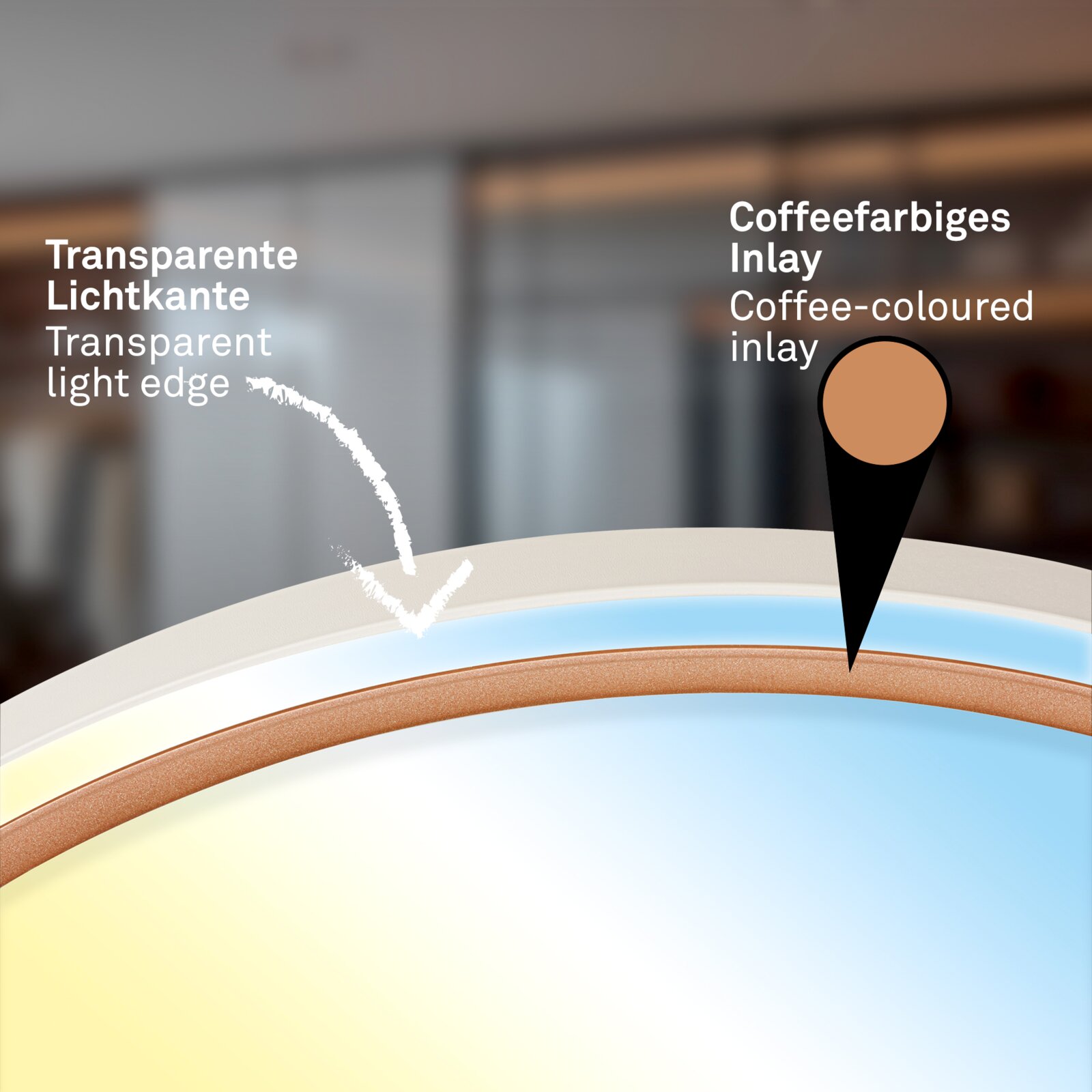 Detailaanzicht van bovenaf van een ronde spiegel met transparante lichtrand en koffiekleurige inleg