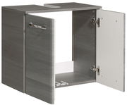 Waschbeckenunterschrank in grauer Holzoptik mit zwei geöffneten Türen, seitliche Perspektive