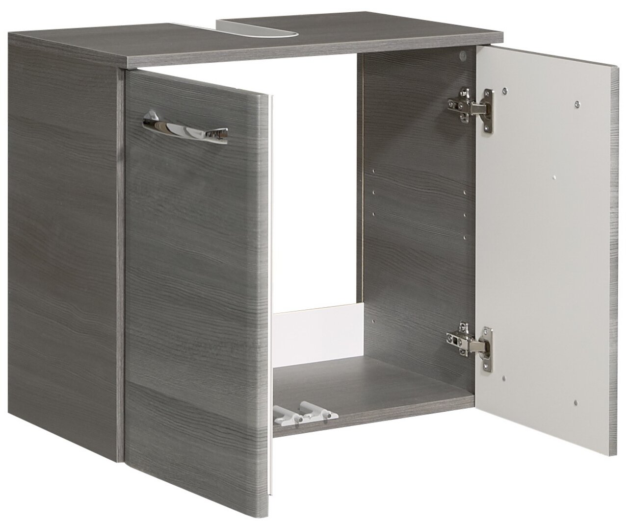 Waschbeckenunterschrank in grauer Holzoptik mit zwei geöffneten Türen, seitliche Perspektive