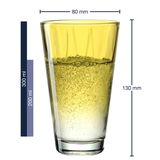 Gelbes Trinkglas Twist mit 300 ml Fassungsvermögen, seitliche Ansicht mit Maßangaben.