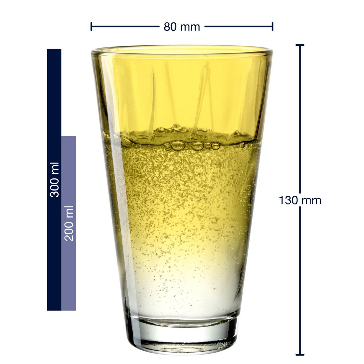 Gelbes Trinkglas Twist mit 300 ml Fassungsvermögen, seitliche Ansicht mit Maßangaben.