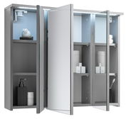 Moderner Spiegelschrank mit geöffneten Türen, Innenbeleuchtung und mehreren Ablagefächern, perspektivische Ansicht von vorne.