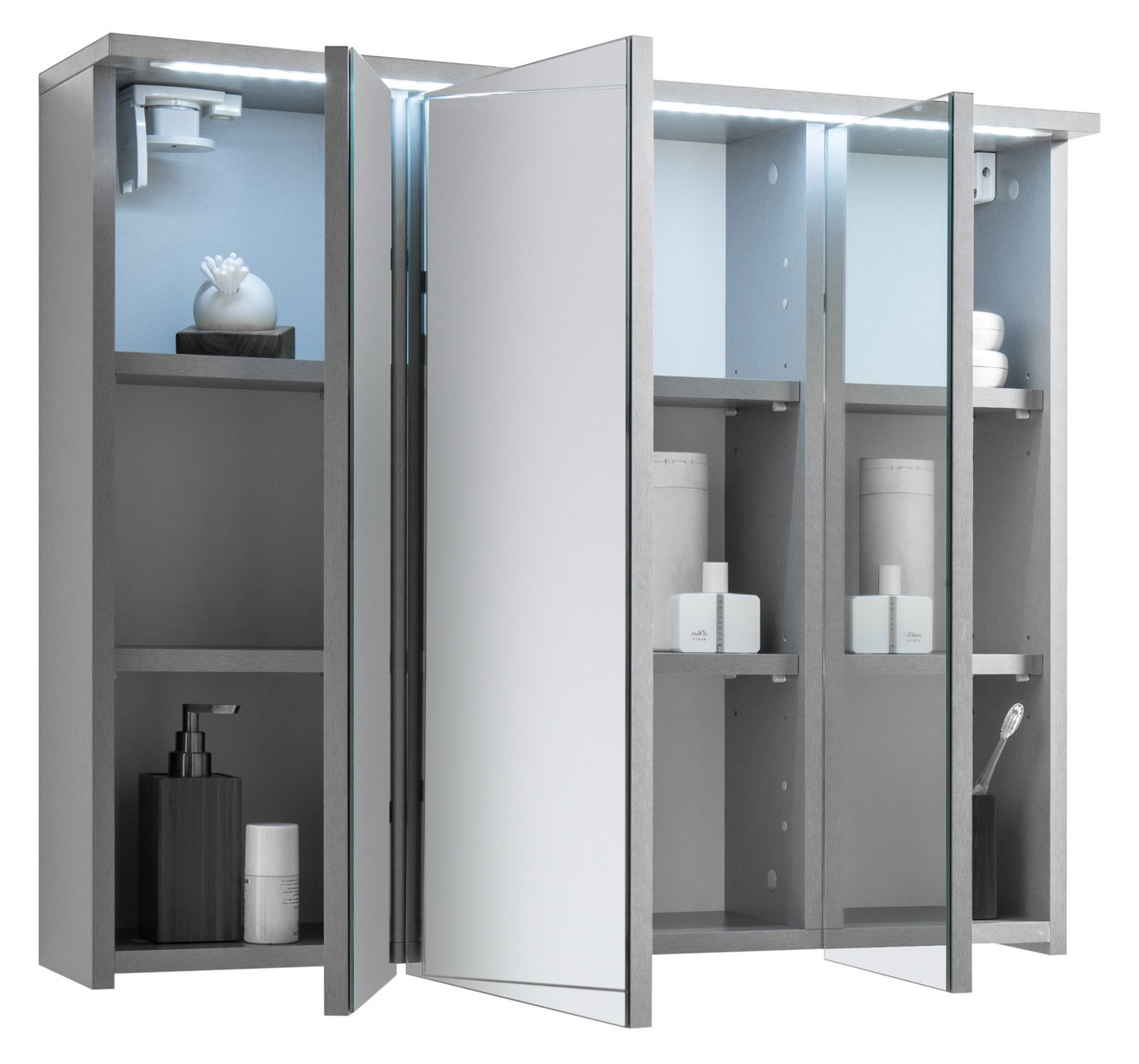 Moderner Spiegelschrank mit geöffneten Türen, Innenbeleuchtung und mehreren Ablagefächern, perspektivische Ansicht von vorne.