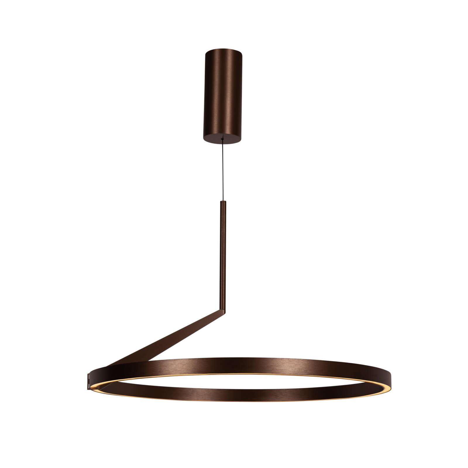 Moderne LED-Pendelleuchte in Bronzeoptik mit ringförmigem Leuchtenkörper und warmweißem Licht, Studioaufnahme vor weißem Hintergrund, Frontalansicht von schräg unten