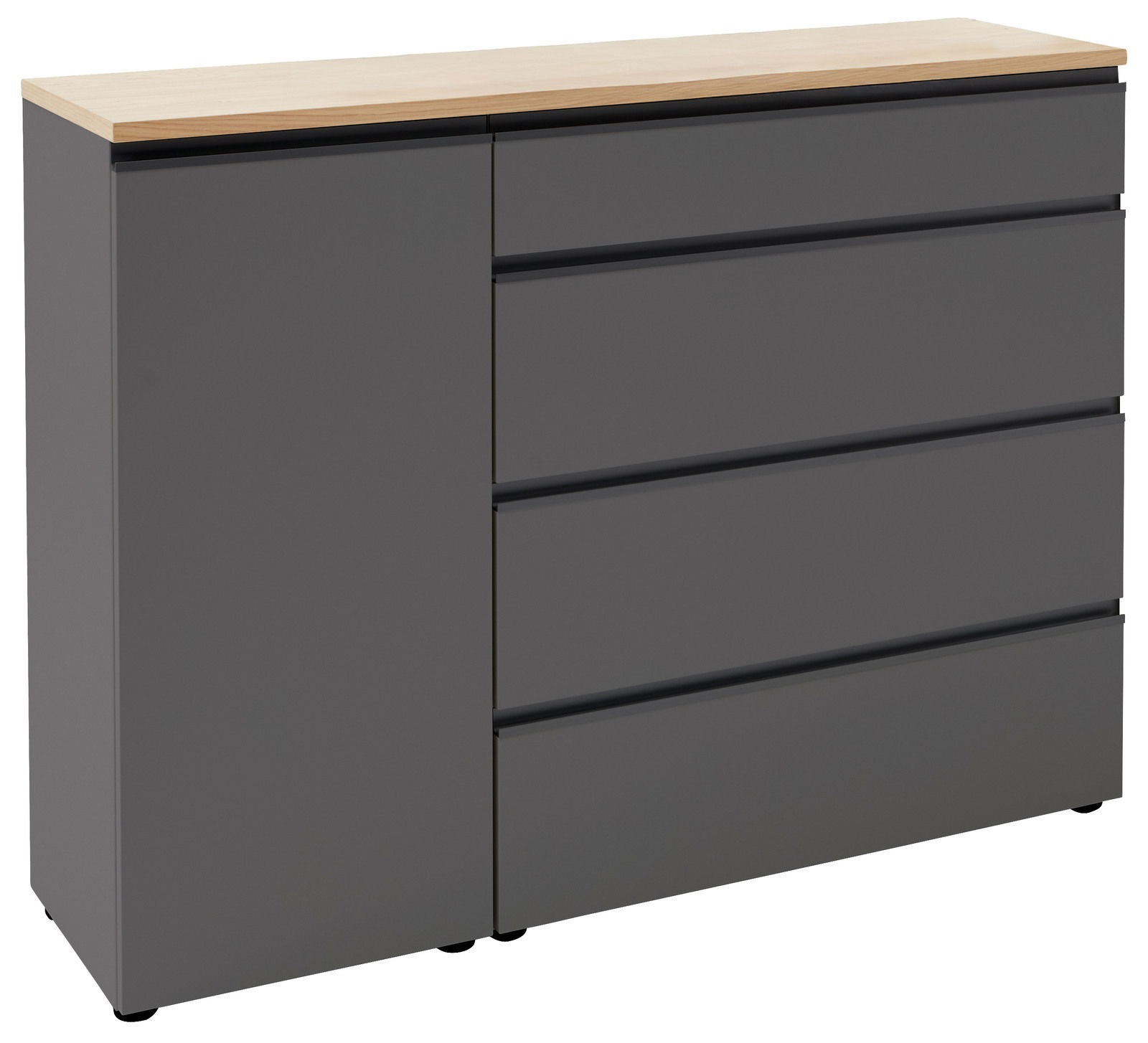Dieter Knoll Combinatiecommode 135 LENDINA Graue Kombi-Kommode mit vier Schubladen und einer Tür, Holzplatte oben, seitliche Perspektive