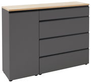 Graue Kombi-Kommode mit vier Schubladen und einer Tür, Holzplatte oben, seitliche Perspektive