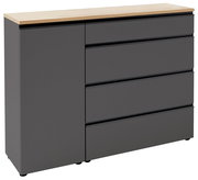 Graue Kombi-Kommode mit vier Schubladen und einer Tür, Holzplatte oben, seitliche Perspektive