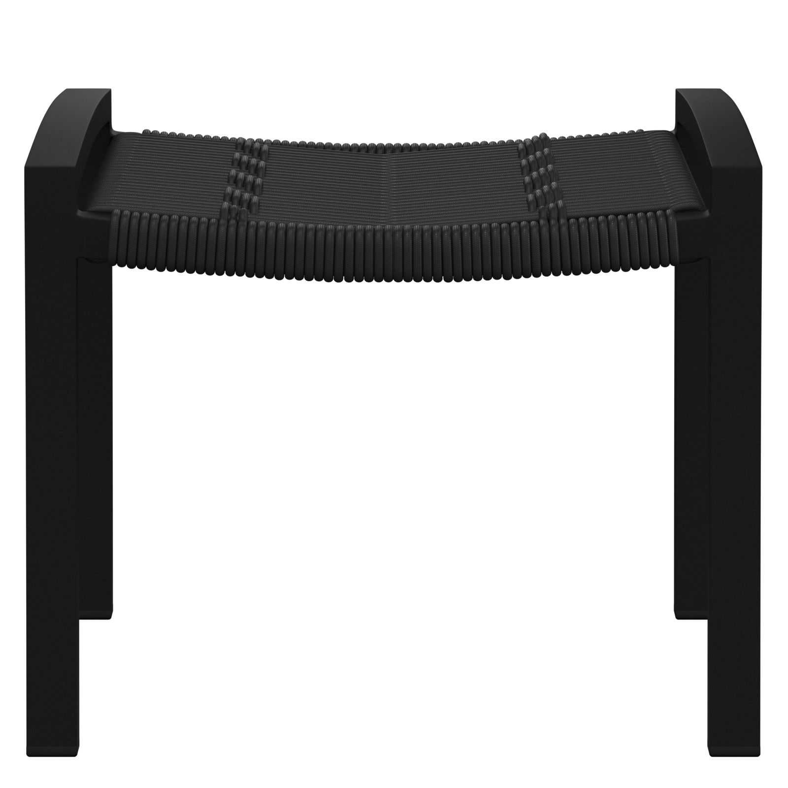 Schwarzer Hocker mit geflochtener Sitzfläche, frontal betrachtet.