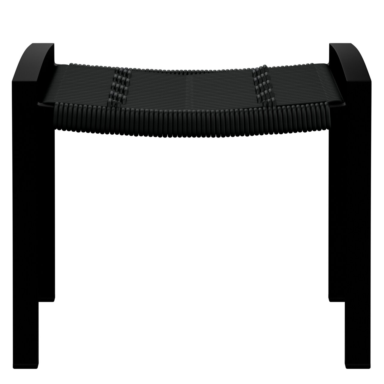 Schwarzer Hocker mit geflochtener Sitzfläche, frontal betrachtet.