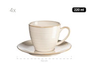 Beige Keramik-Kaffeetasse mit Untertasse, 220 ml, im 4er-Set, Frontansicht leicht von oben, Untertasse ca. 15,5 cm Durchmesser