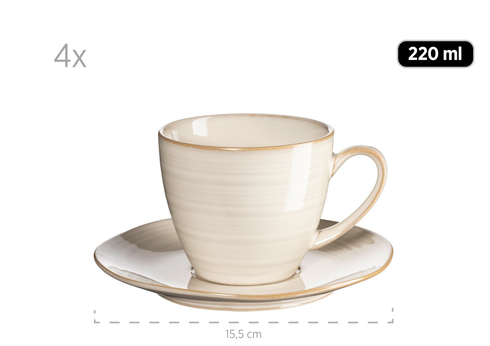 Beige Keramik-Kaffeetasse mit Untertasse, 220 ml, im 4er-Set, Frontansicht leicht von oben, Untertasse ca. 15,5 cm Durchmesser