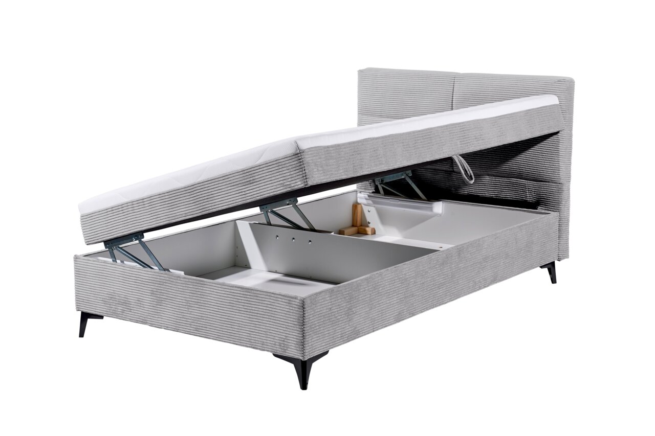 Graues Boxbett mit geöffnetem Stauraum, seitliche Perspektive