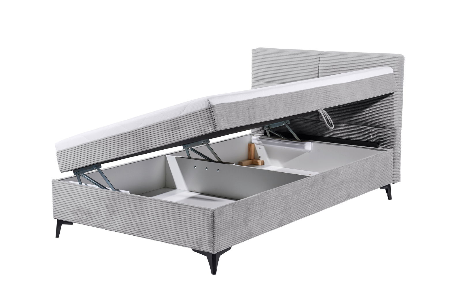 Graues Boxbett mit geöffnetem Stauraum, seitliche Perspektive