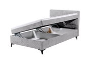 Graues Boxbett mit geöffnetem Stauraum, seitliche Perspektive