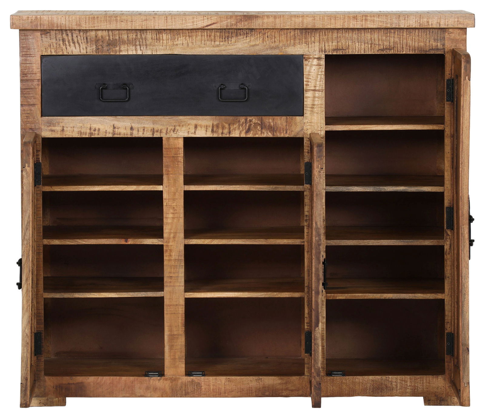 Rustikaler Schuhschrank aus Holz mit mehreren offenen Fächern und einer Schublade, Frontalansicht.