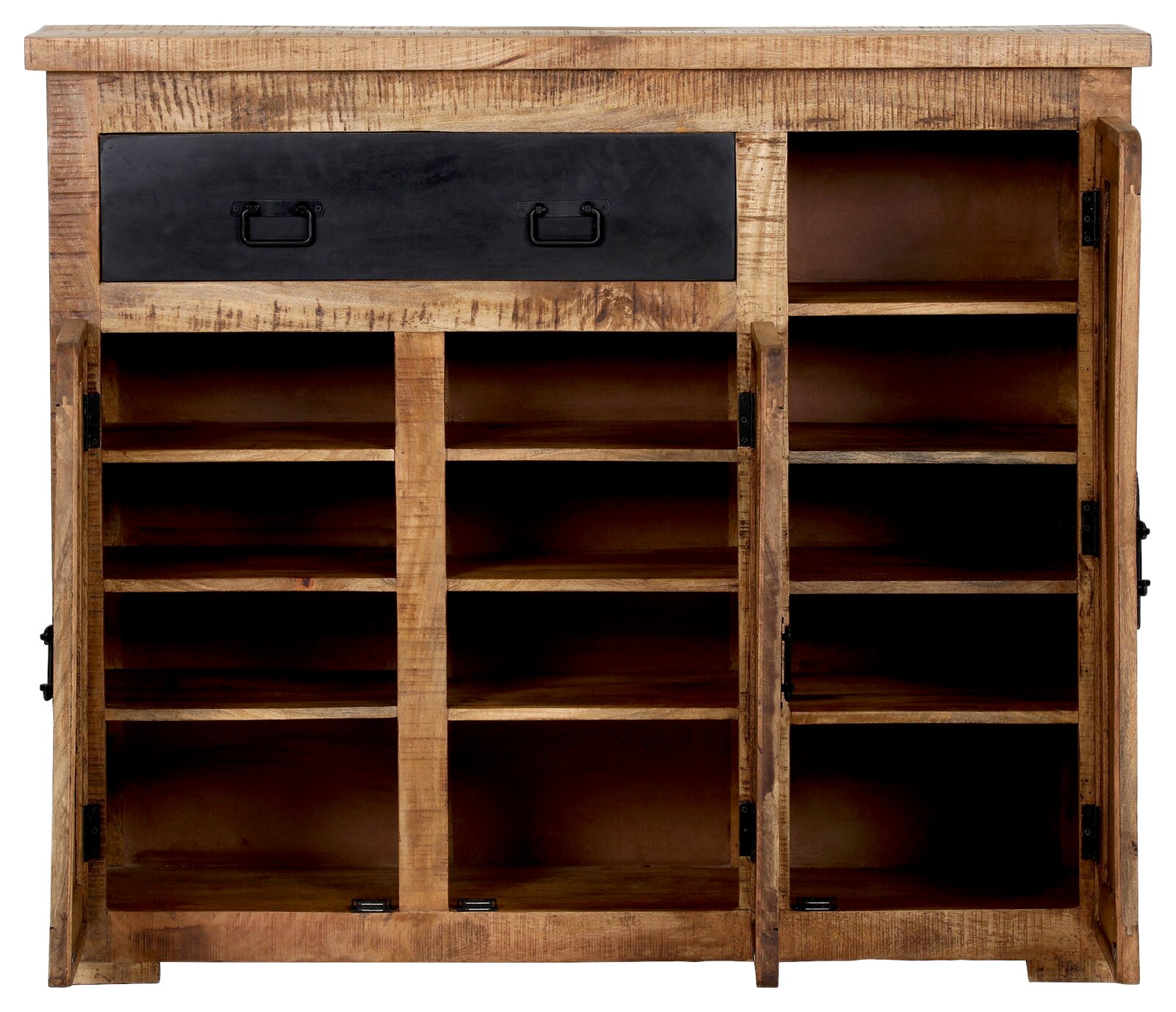 Rustikaler Schuhschrank aus Holz mit mehreren offenen Fächern und einer Schublade, Frontalansicht.