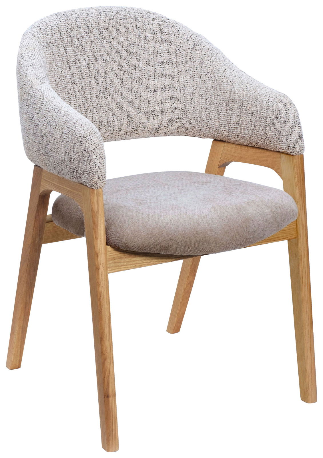 Linea Natura Armlehnstuhl BERTI Moderner Armlehnstuhl mit hellem Stoffbezug und Holzgestell, seitliche Perspektive