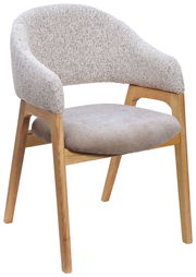 Moderner Armlehnstuhl mit hellem Stoffbezug und Holzgestell, seitliche Perspektive