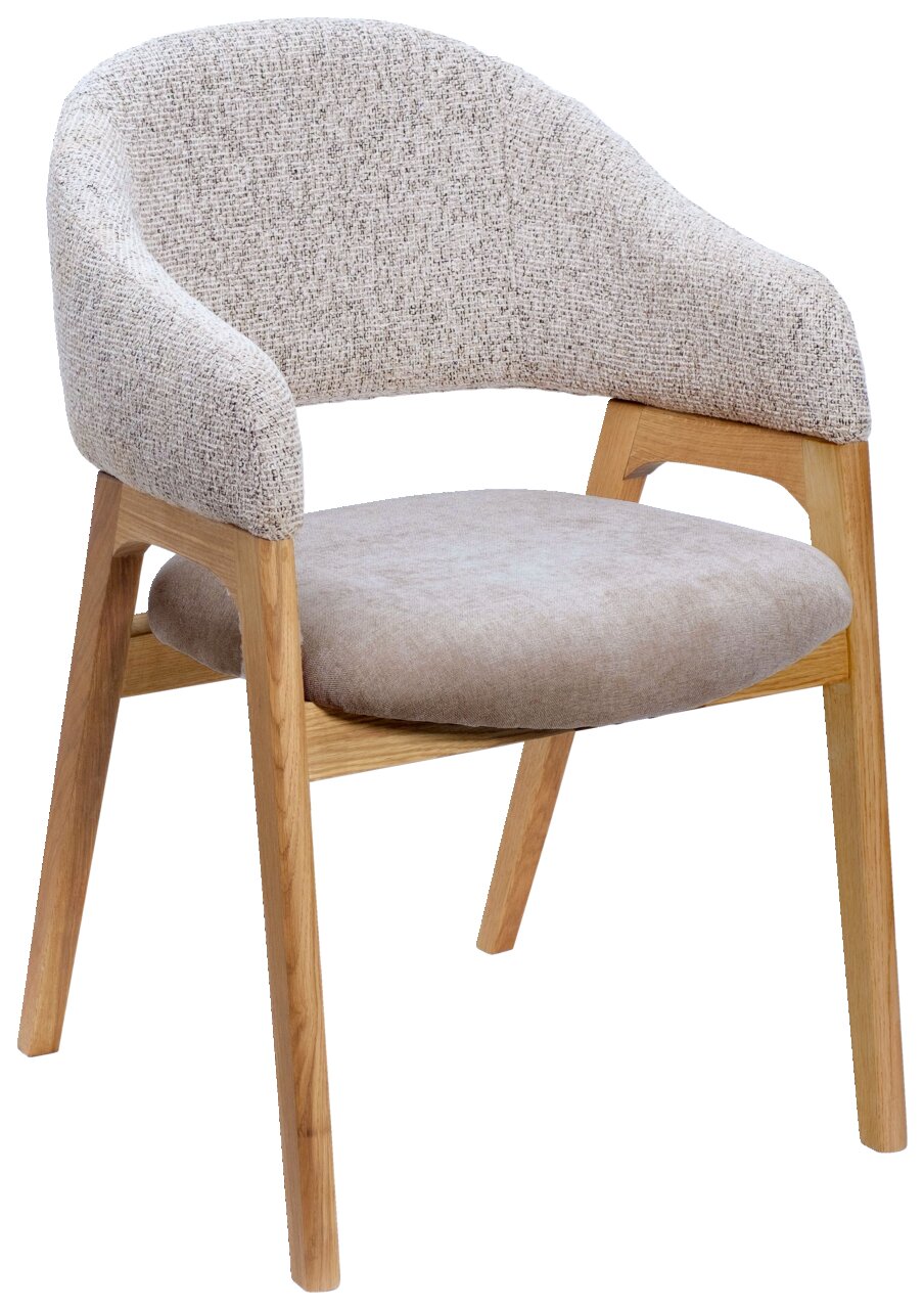 Moderner Armlehnstuhl mit hellem Stoffbezug und Holzgestell, seitliche Perspektive