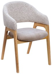 Moderner Armlehnstuhl mit hellem Stoffbezug und Holzgestell, seitliche Perspektive