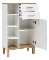 Weißes Highboard mit Holzdetails, zwei offene Fächer, zwei Schubladen und eine Tür, Perspektive von vorne links