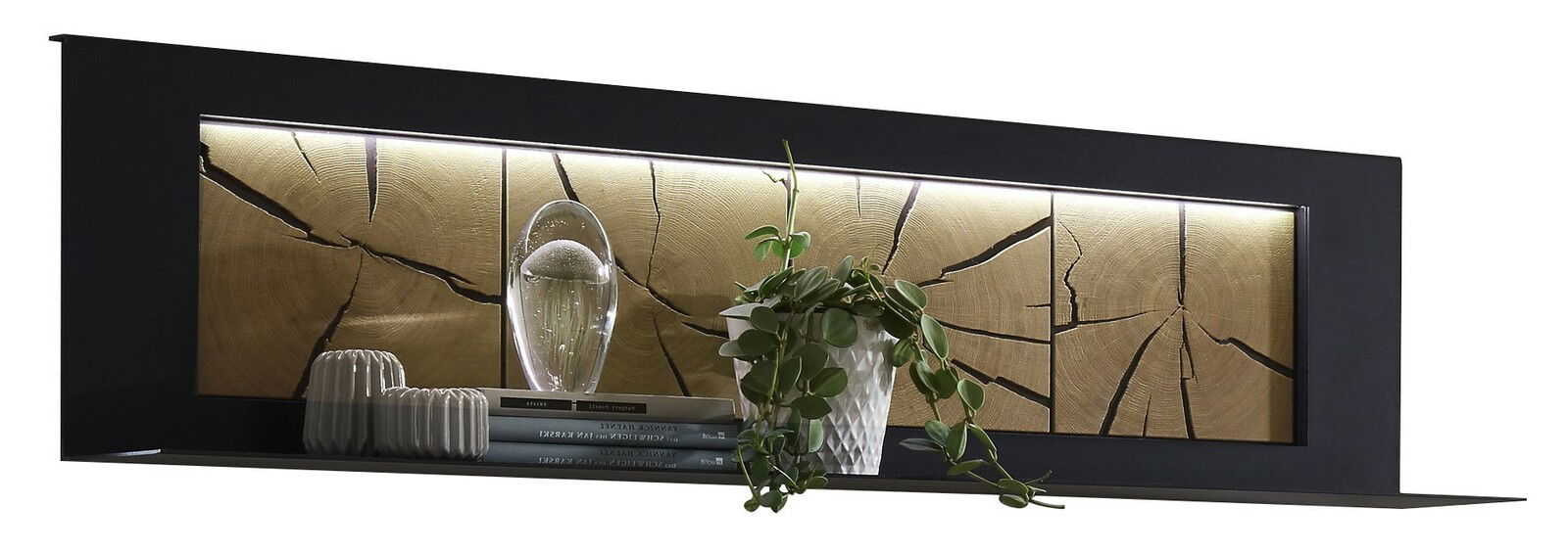 Wandboard mit dekorativer Rückwand in Holzoptik, seitliche Perspektive, dekoriert mit Pflanzen und Büchern.